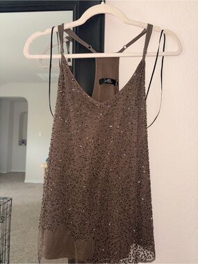 BKE Beaded Brown Sleeveless Mesh Top